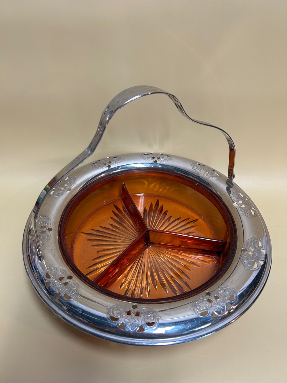 Vintage Elegant Glass Amber 6 1/2" 3 Part Candy In Farberware Holder